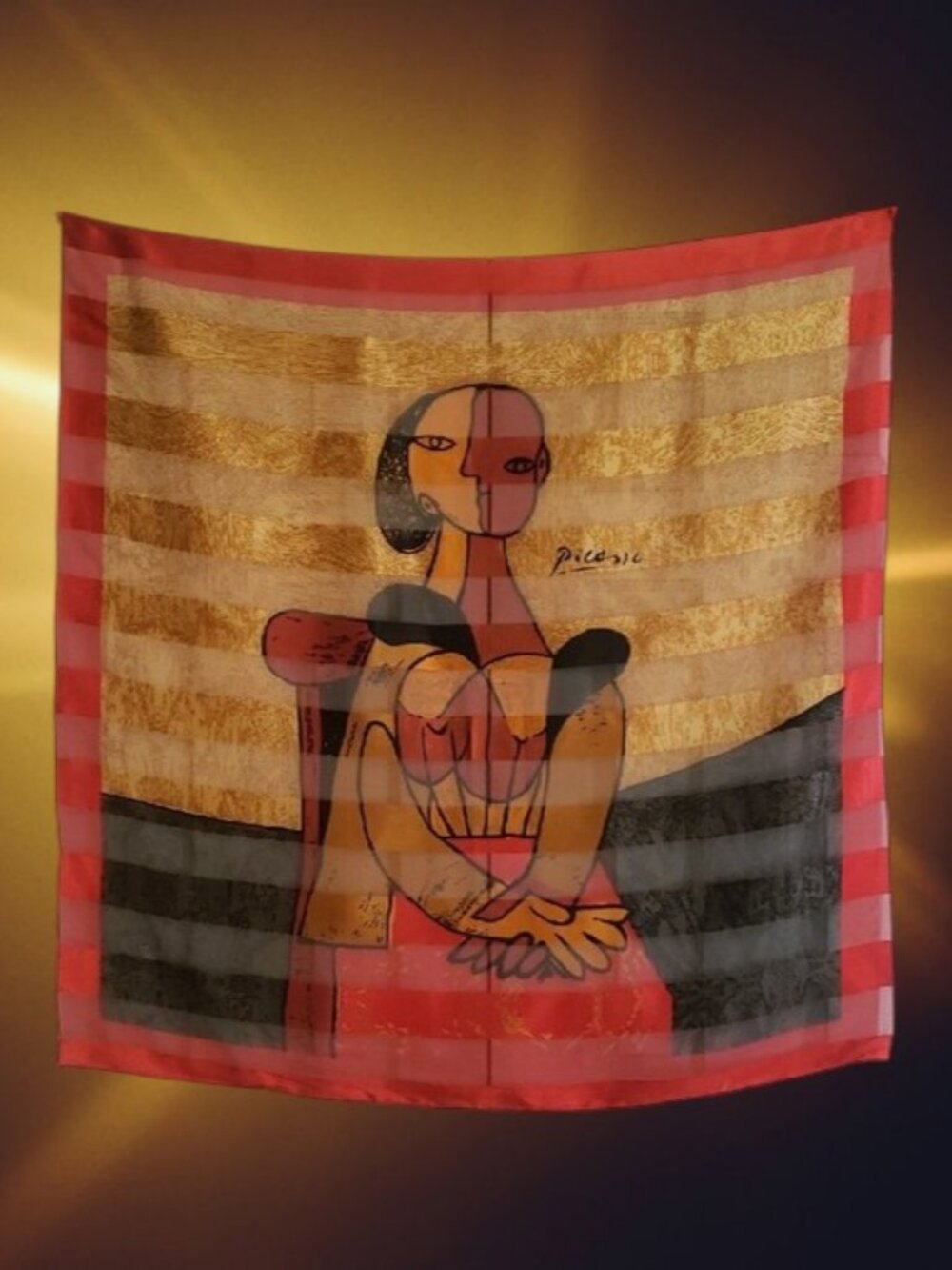 Picasso Women's Figurative Abstract Large Wrap/Scarf in Bold Red, Gold & Black